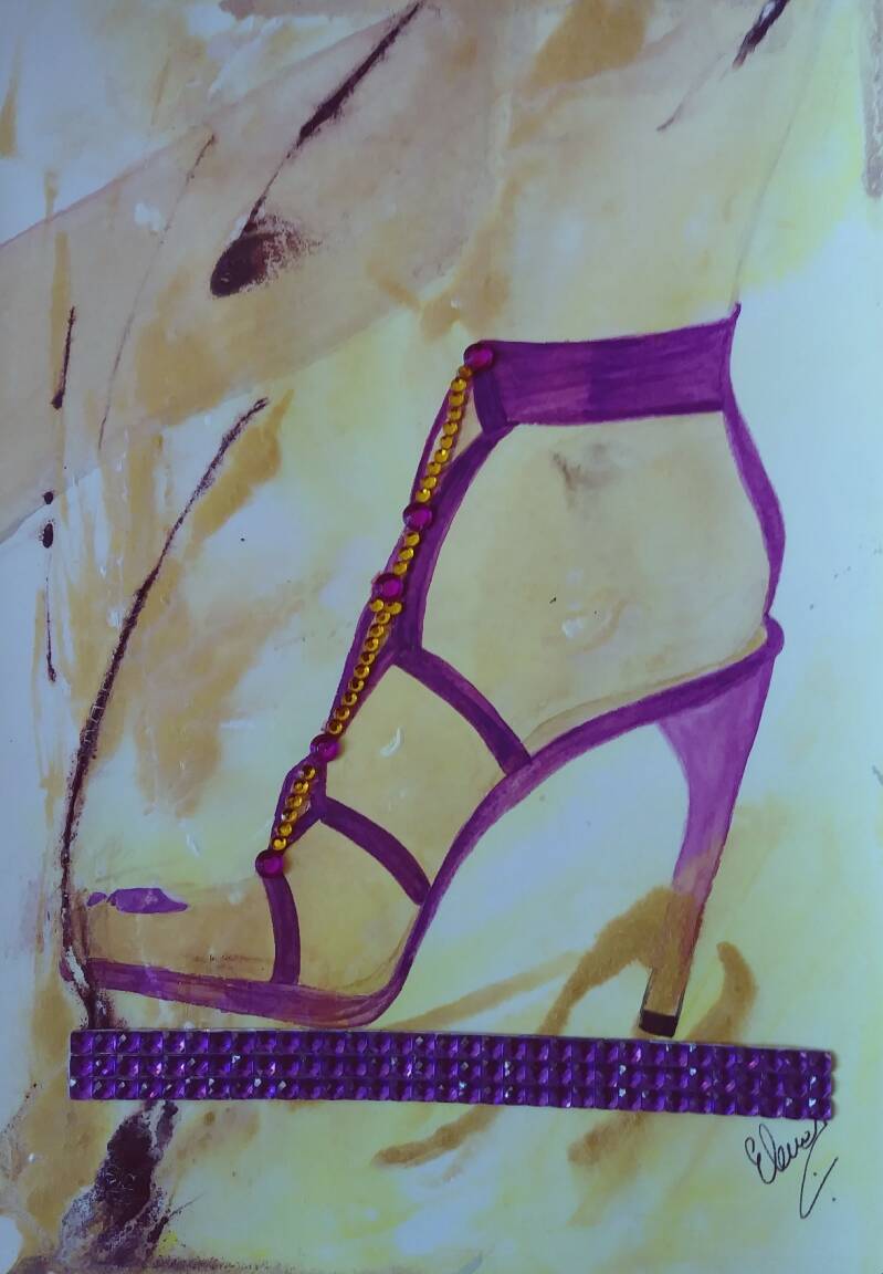 "Purple Shoe". Watercolor collage on Archer Hot Pressed Paper. 7"x10".