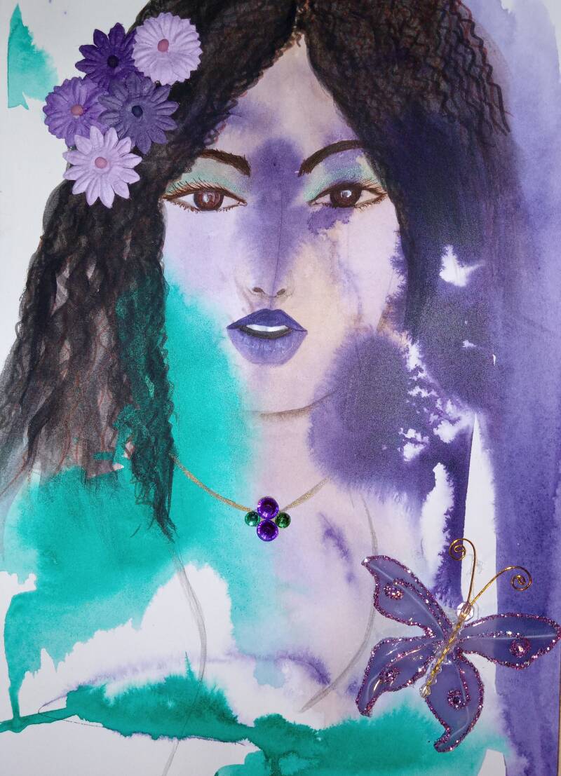 "Romina". Watercolor collage on Archer Hot Pressed Paper. 7"x10".