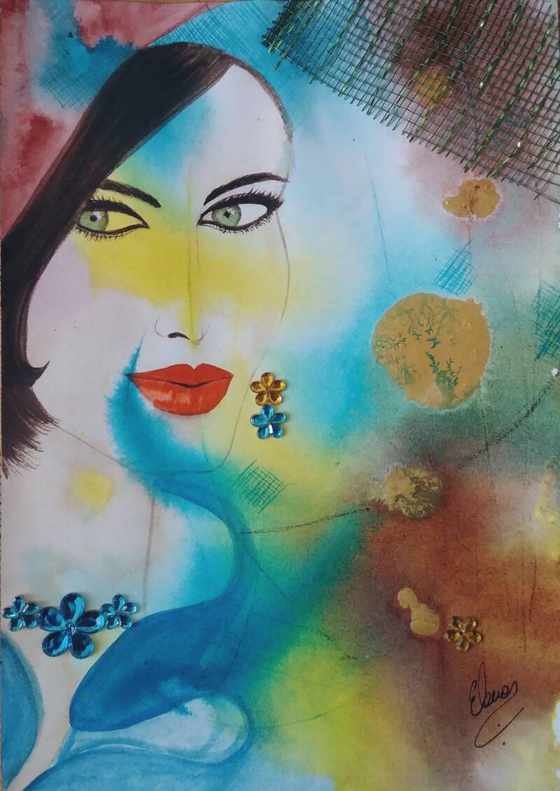 "Witch's Universe". Watercolor collage on Archer Hot Pressed Paper. 7"x10".