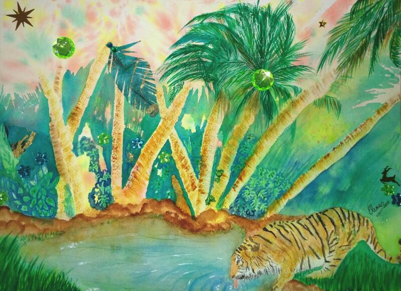 "Tiger in Paradise" Watercolor Collage on Archer  Cold Pressed  Paper. 10" x 14".