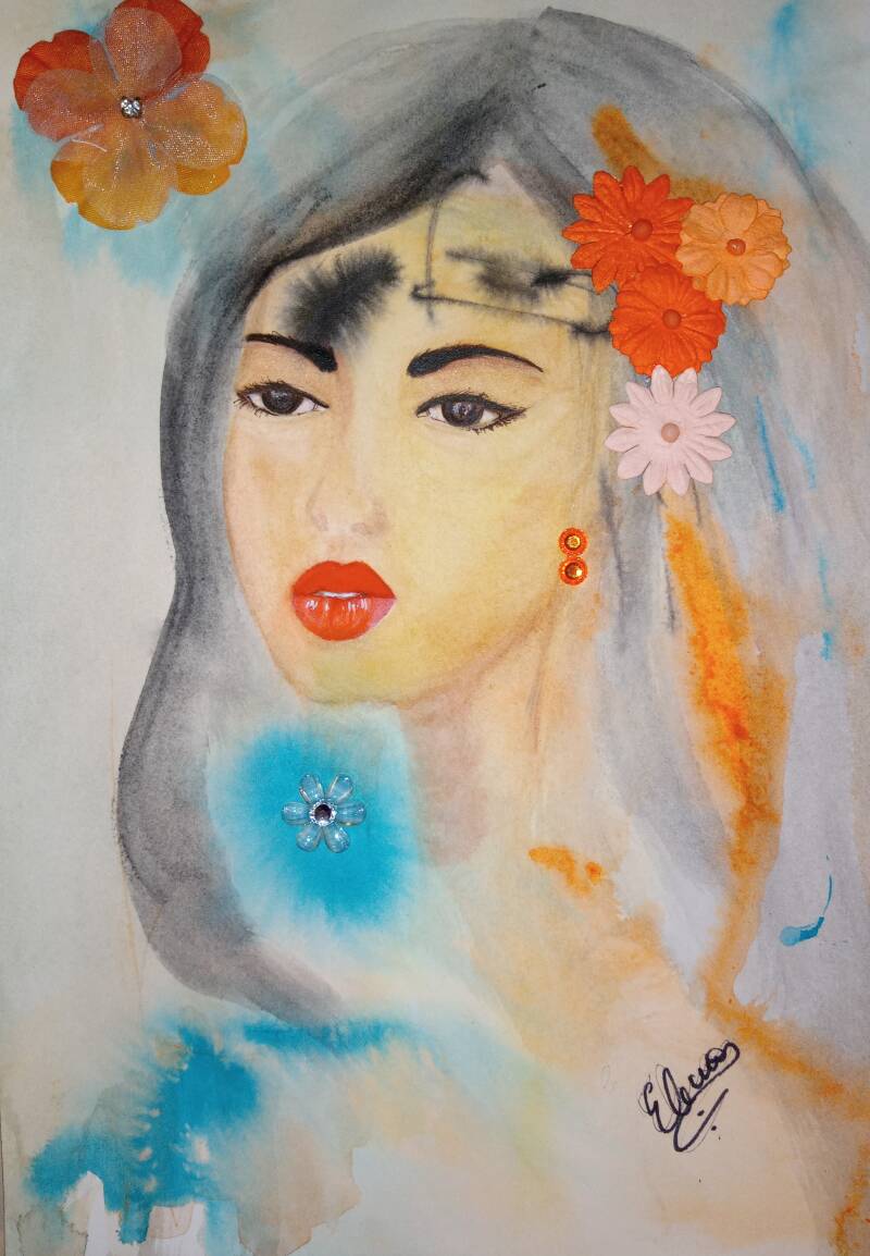 "Yuzuki". Watercolor collage on Archer Hot Pressed Paper. 7"x10".