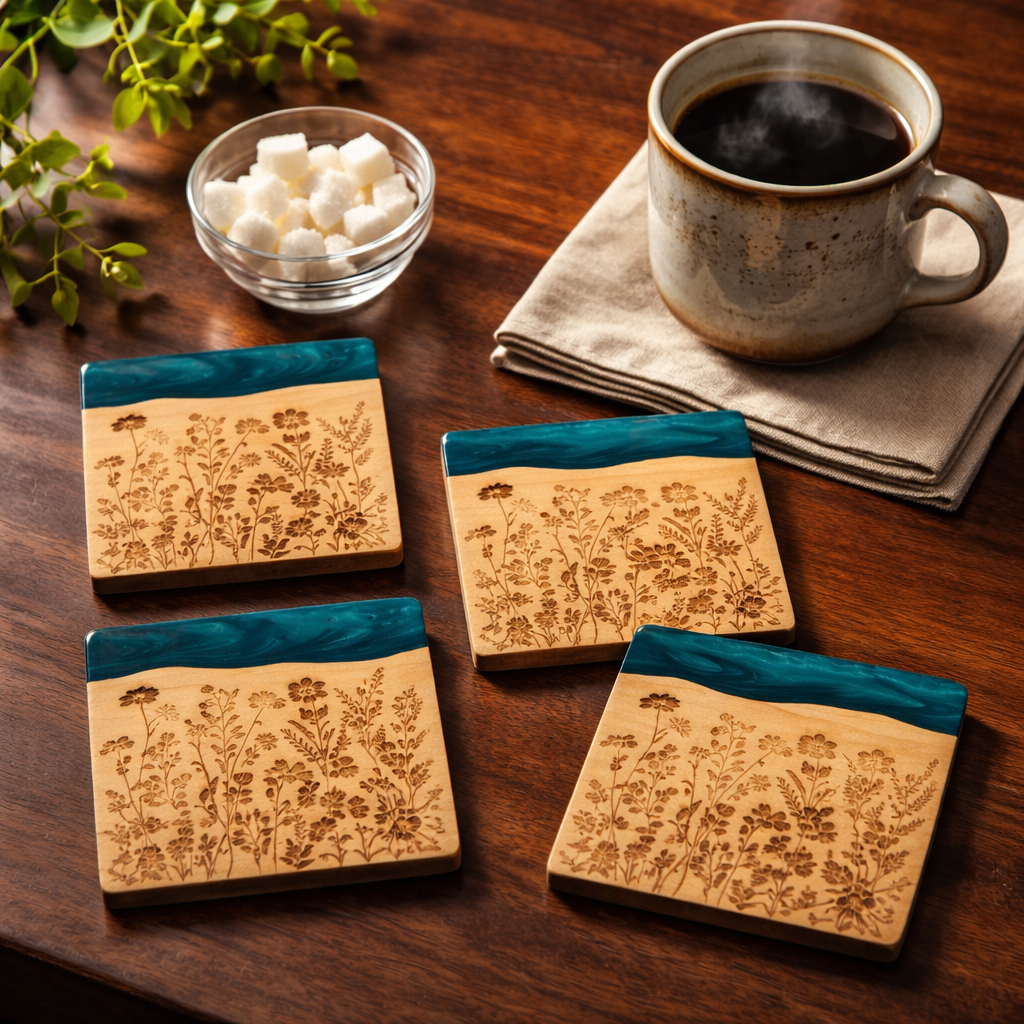 DARK TURQUOIS EPOXY COASTERS WITH ENGRAVED WILDFLOWERS