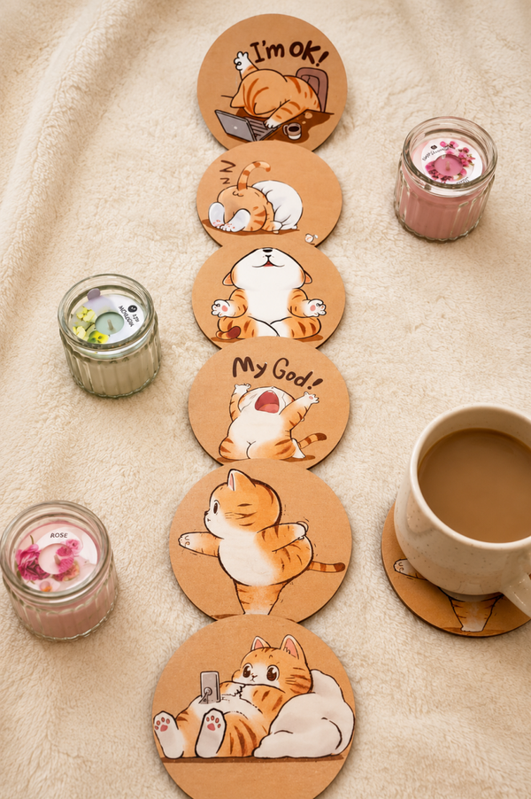 🐾 Lazy Cat Wooden Coaster Set