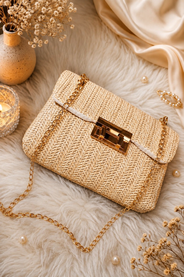 🌾 Summer Straw Chain Clutch Bag