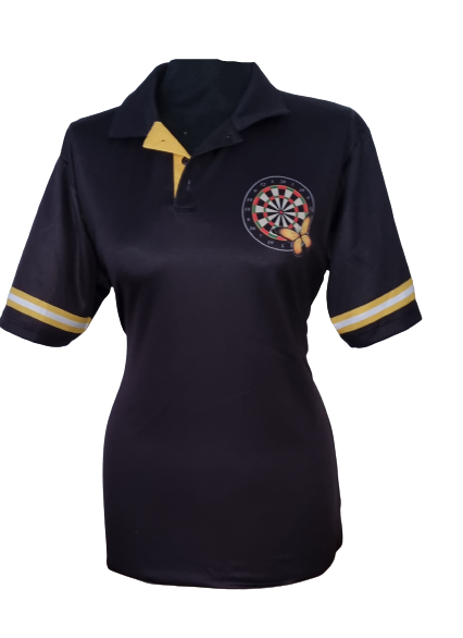 Dart Polo Dames zwart/geel met vlinder.