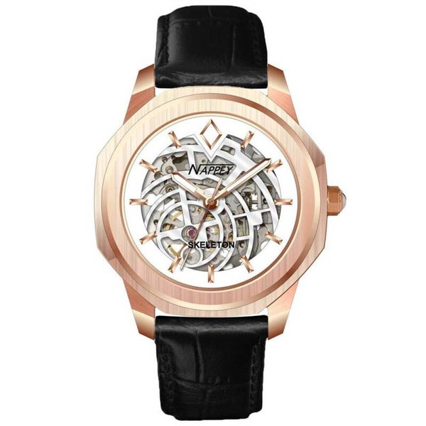 Reloj Nappey Skeleton en oro rosa y cuero blanco negro 115X94X762