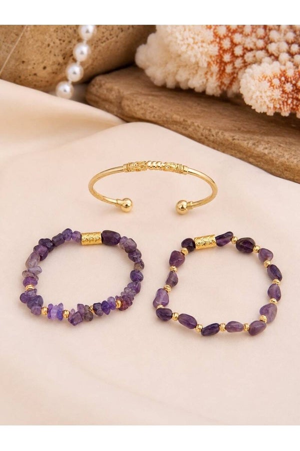 3 pulseras - Chapado en oro amarillo y amatistas