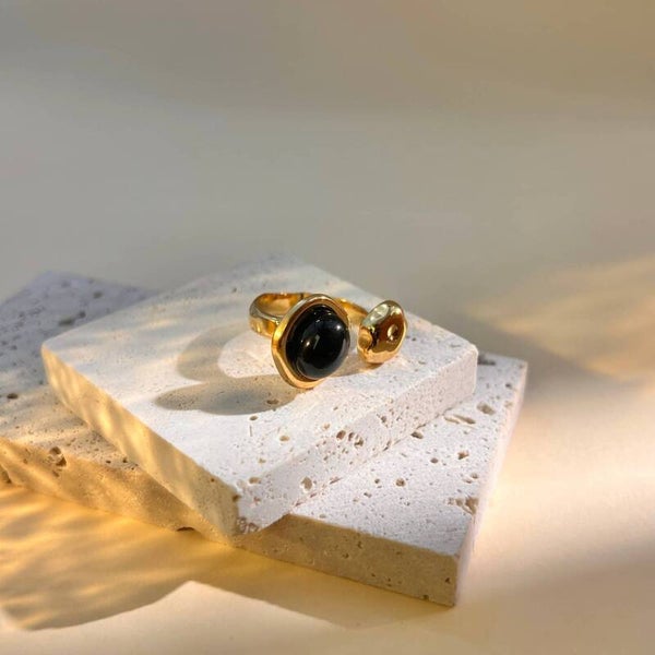Anillo ajustable de piedra natural negro en acero inoxidable