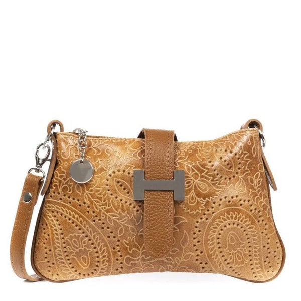 Bolso de mano Mujer.Piel auténtica Gamuza Grabado Arabesco. - Cuero