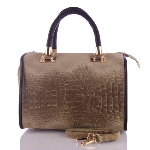 Bolso tote Mujer.Piel auténtica Gamuza Grabado Cocodrilo - Taupe