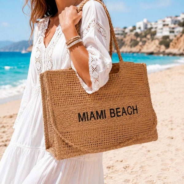 Amplio Bolso Tote de Papel Diseño "Miami Beach"