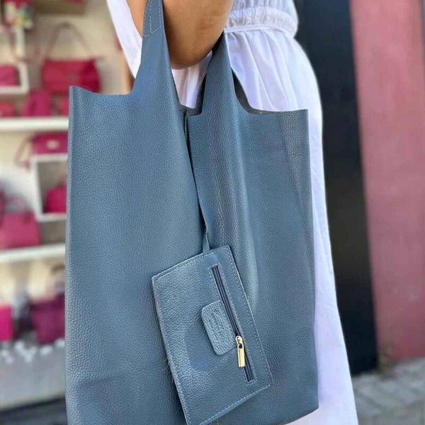 Bolso Shopper Universitario Mujer de Piel con Monedero Extra-Azul Vaquero