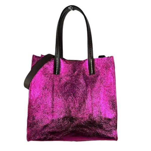 Bolso Shopper Piel Brillante y Neceser Interior. Moda Mujer-Fucsia