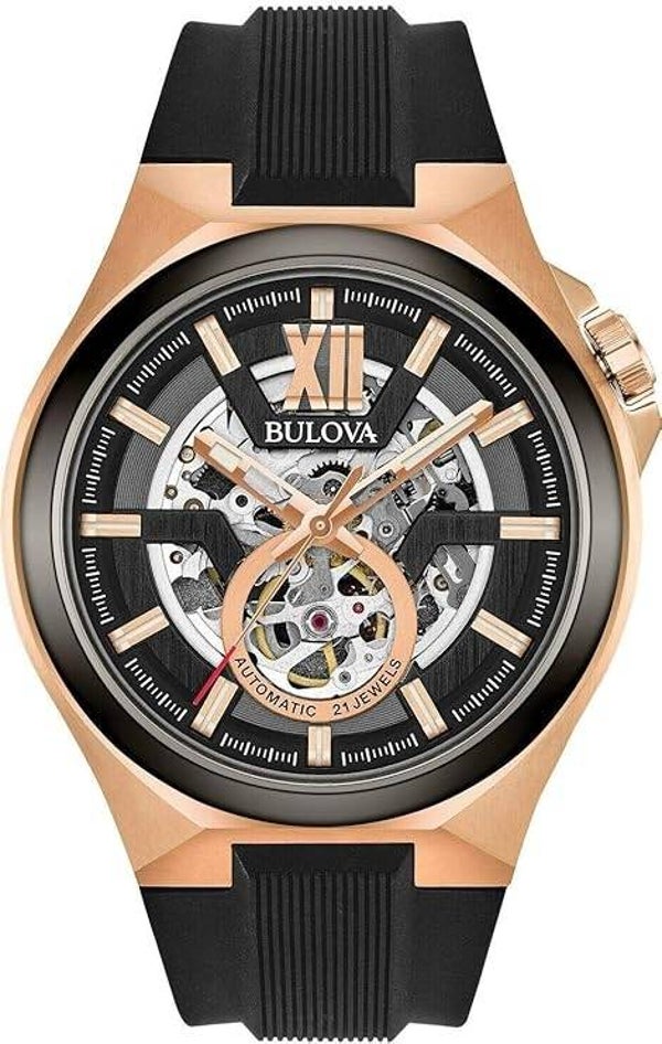 Bulova Reloj analógico automático para Hombre con Correa de Silicona 98A177, Negro, Correa