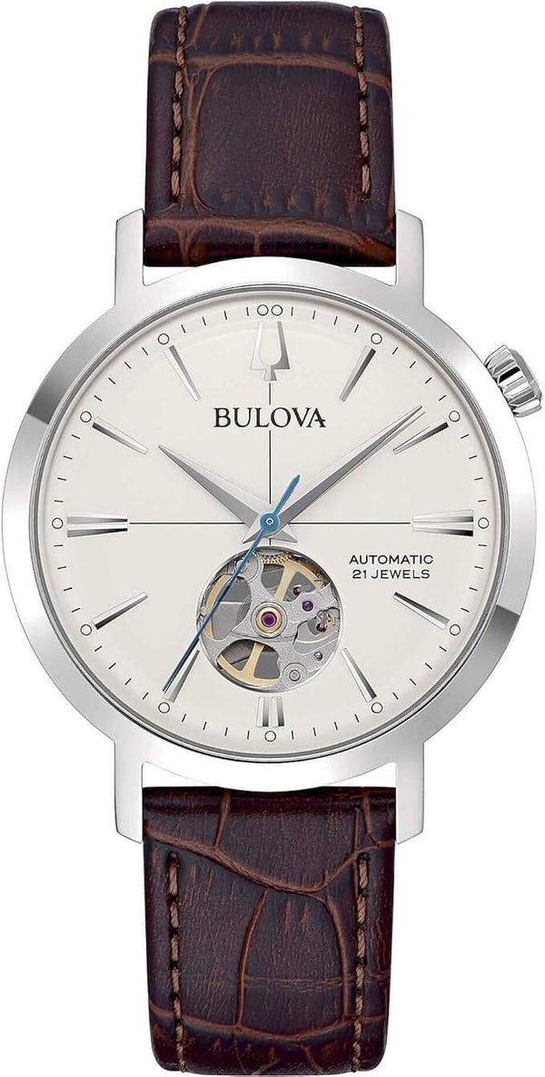 Bulova Aerojet 96A318 – Reloj Automático para Hombre (38 mm, Acero, Piel Marrón)