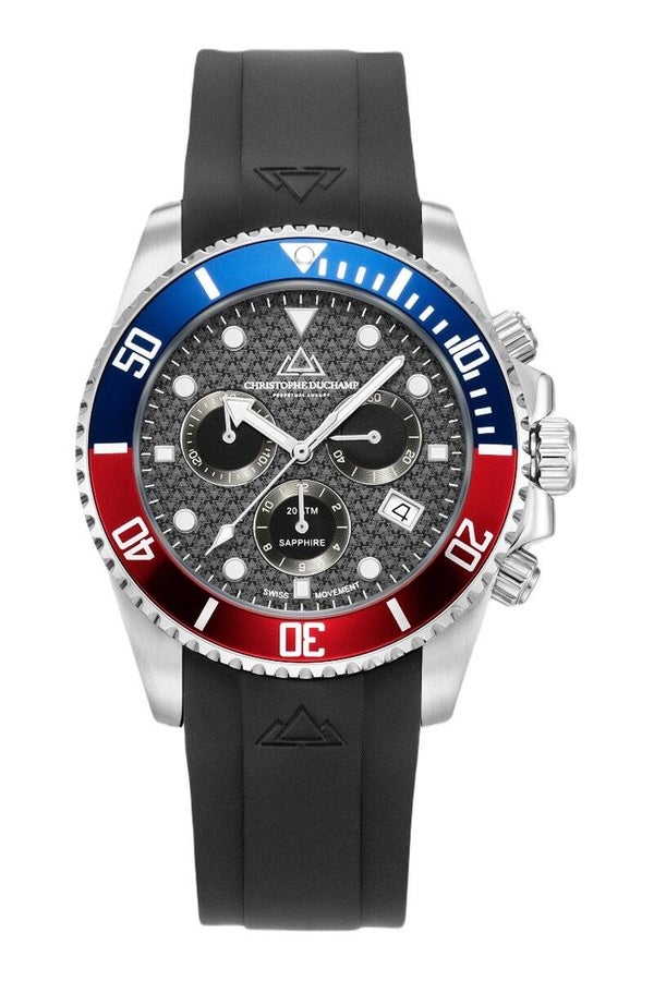 Marine Chrono Rubber – Esfera negra, caja plateada, bisel azul/rojo y correa de caucho