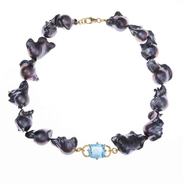 Collar Pearl de perlas barrocas negras con Topacio azul