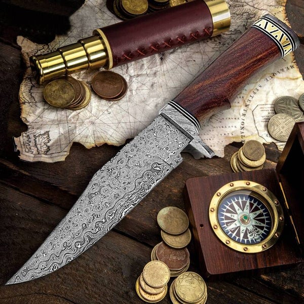 Cuchillo Bowie de acero de Damasco de 12′ hecho a mano con funda de cuero