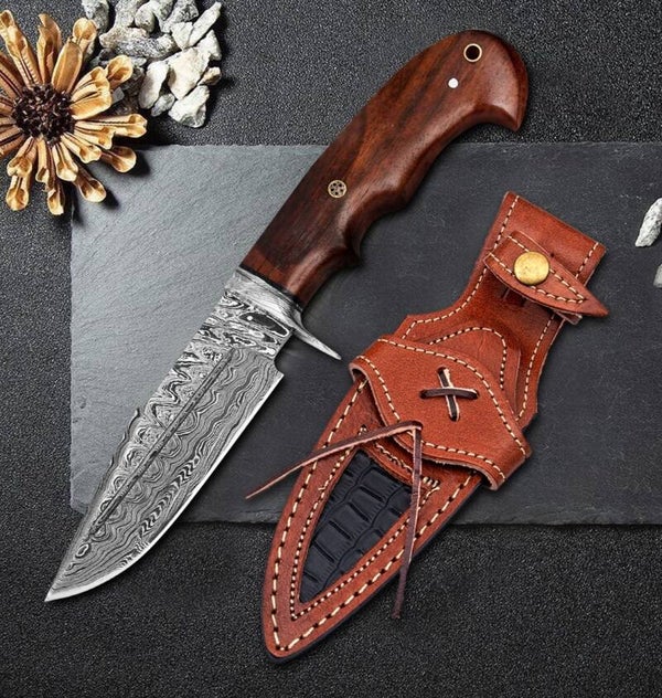 Cuchillo de acero damasco hecho a mano de 10' con funda de cuero