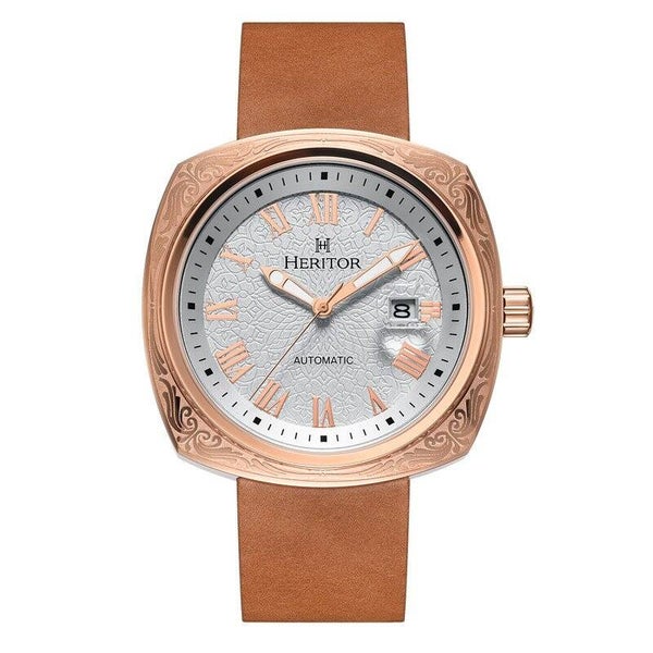 Heritor Automatic Davenport Engraved-Case Leather-Band Watch w/ Date Rose Gold/Light Brown