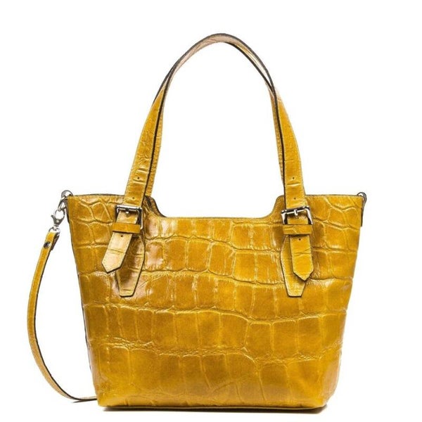 Bolso tote Mujer.Piel auténtica Gamuza Grabado Cocodrilo Grande Camoscio - Camel