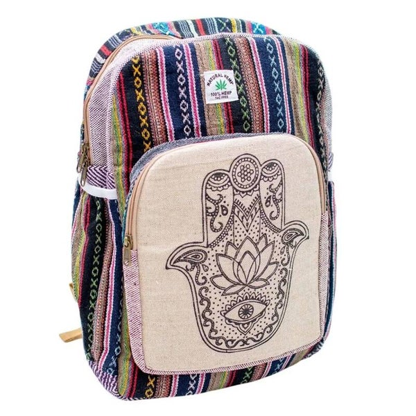 Mochila Unisex de Cáñamo con Hamsa Artesanal