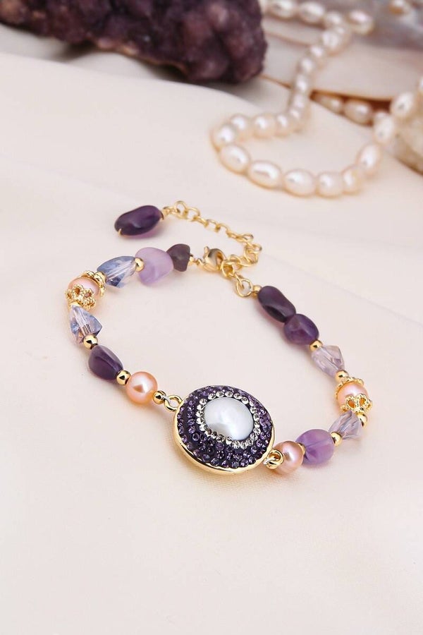 Pulsera - Chapado en oro amarillo y amatistas