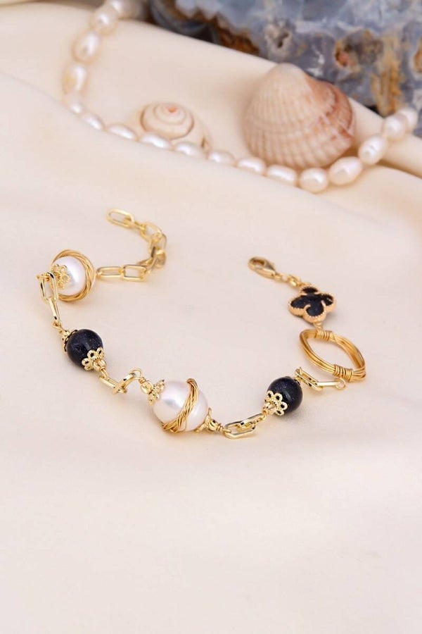 Pulsera - Chapado en oro amarillo, ónice y perlas cultivadas