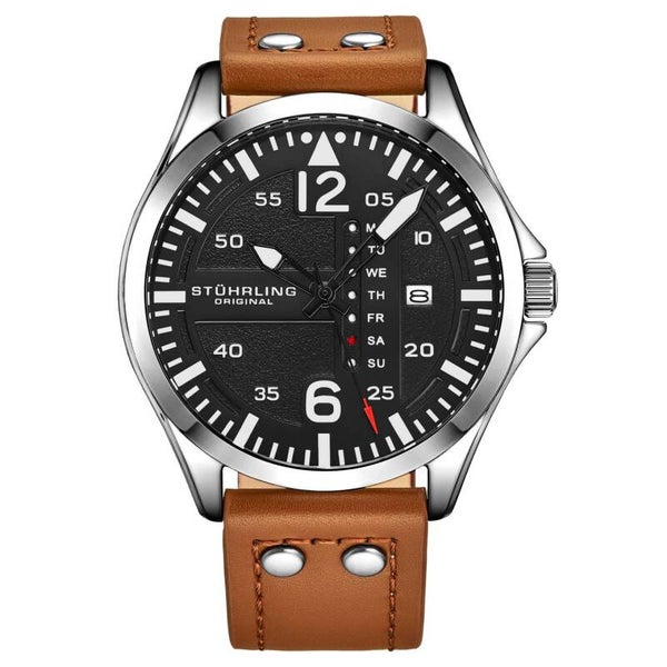 Aeronaut para hombre con movimiento cuarzo japonés, caja plateada de 43 mm y correa de cuero marrón claro
