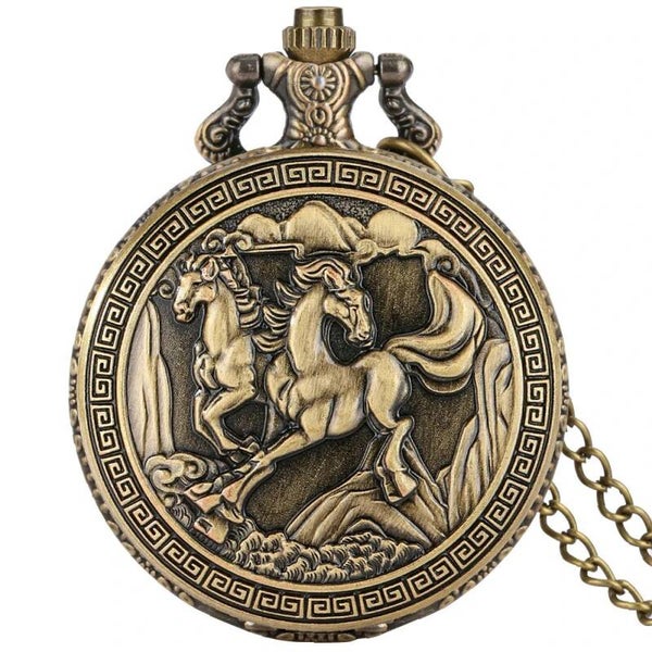 Reloj de bolsillo vintage de bronce con estampado Caballo.