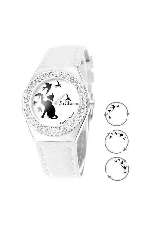 Reloj de cuarzo de piel con cristales Swarovski - Blanco