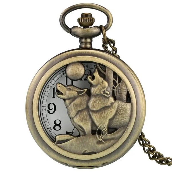 Reloj de bolsillo vintage de bronce con estampado Lobo.