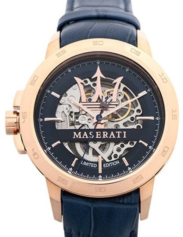 Maserati Reloj automático con correa de cuero azul y esfera azul para hombre - R8821119005