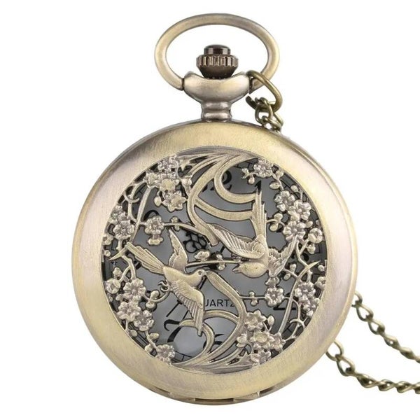 Reloj de bolsillo vintage de bronce con estampado Pájaros