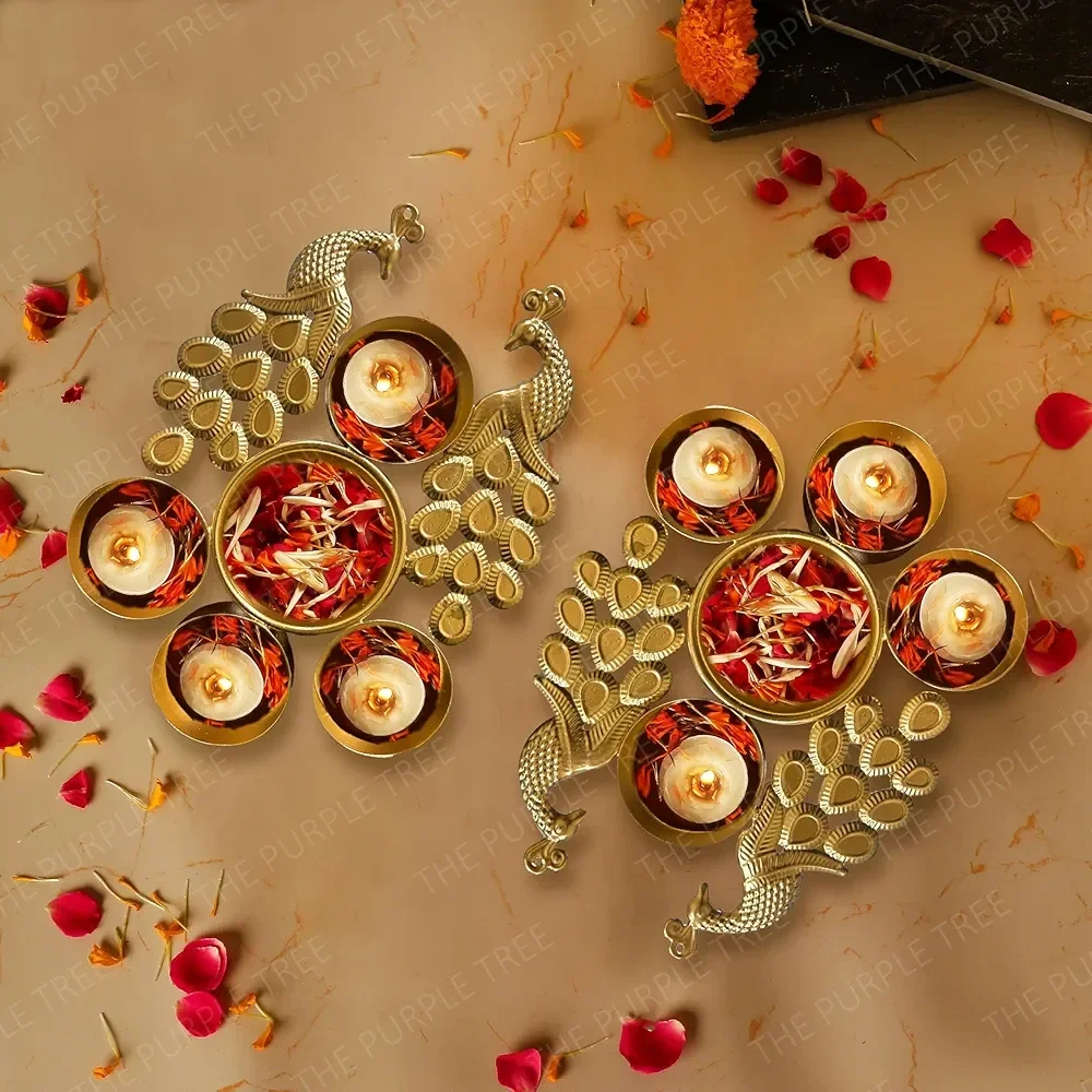 Peacock Design Mini Urli Bowls with 4 Diyas