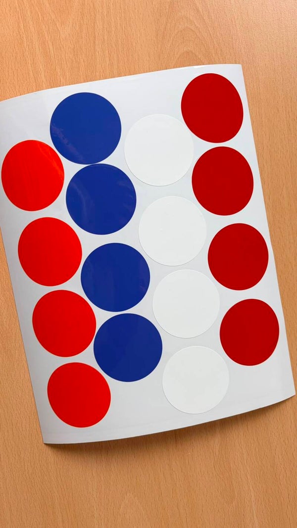 Herbruikbare Raamstickers Oranje, Rood, Wit & Blauwe Bolletjes – 16 Stuks