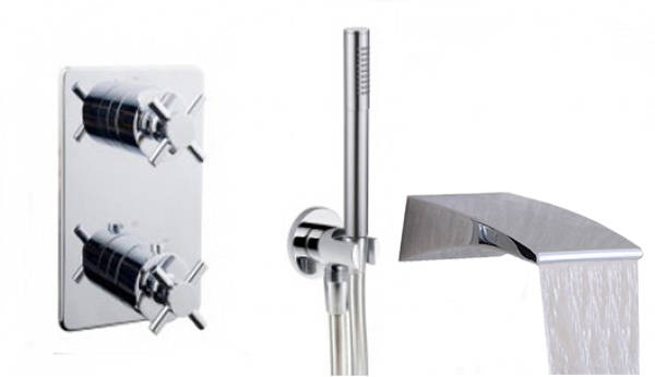 Inbouw badkraan set 5 rond met kruisgreep en waterval chroom