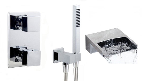 Inbouw badkraan set 3 vierkant met waterval chroom