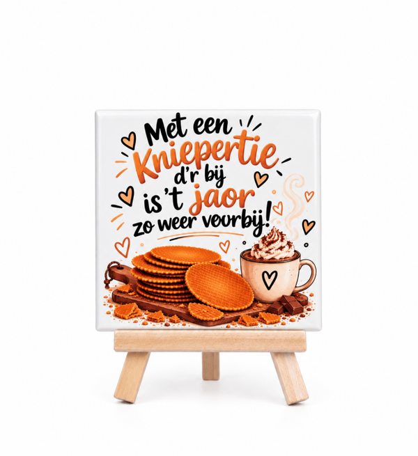Tegeltje "Met een kniepertie d'r bij is 't jaar zo weer veurbij! " inclusief tegelhouder!