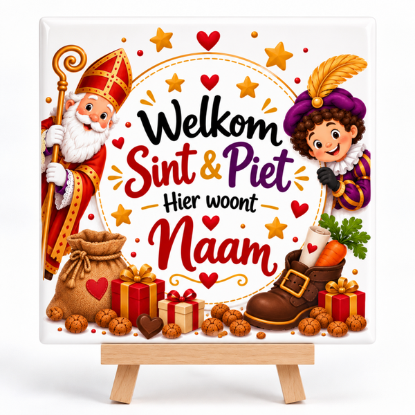 Tegeltje "Welkom sint & piet " inclusief tegelhouder!