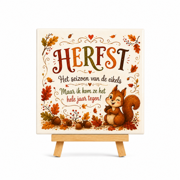 Tegeltje "Herfst het seizoen van de eikels " inclusief tegelhouder!