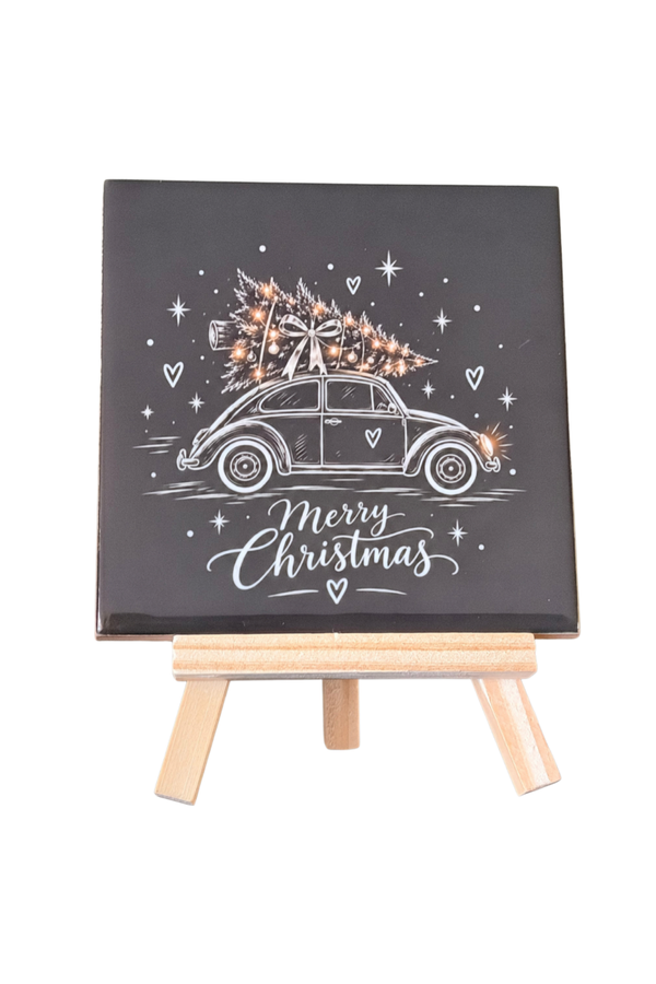 Tegeltje " Auto Merry Christmas " inclusief tegelhouder!