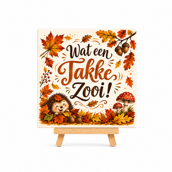 Tegeltje "Wat een takkezooi " inclusief tegelhouder!