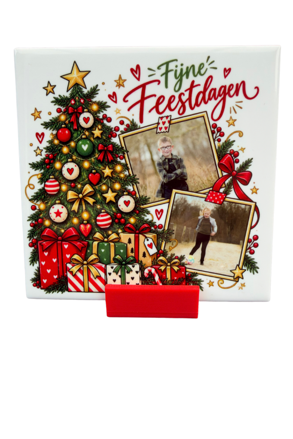 Tegeltje "Fijne Feestdagen met twee foto's " inclusief tegelhouder!
