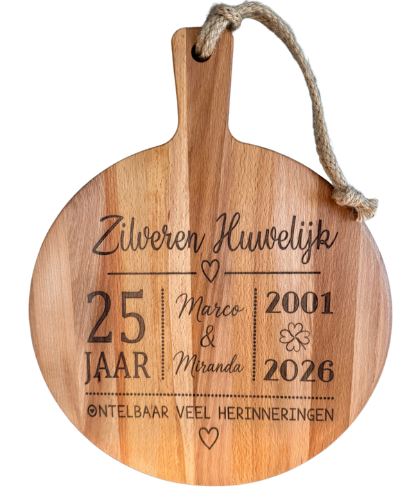 Borrelplank Zilveren Huwelijk rond 30cm.