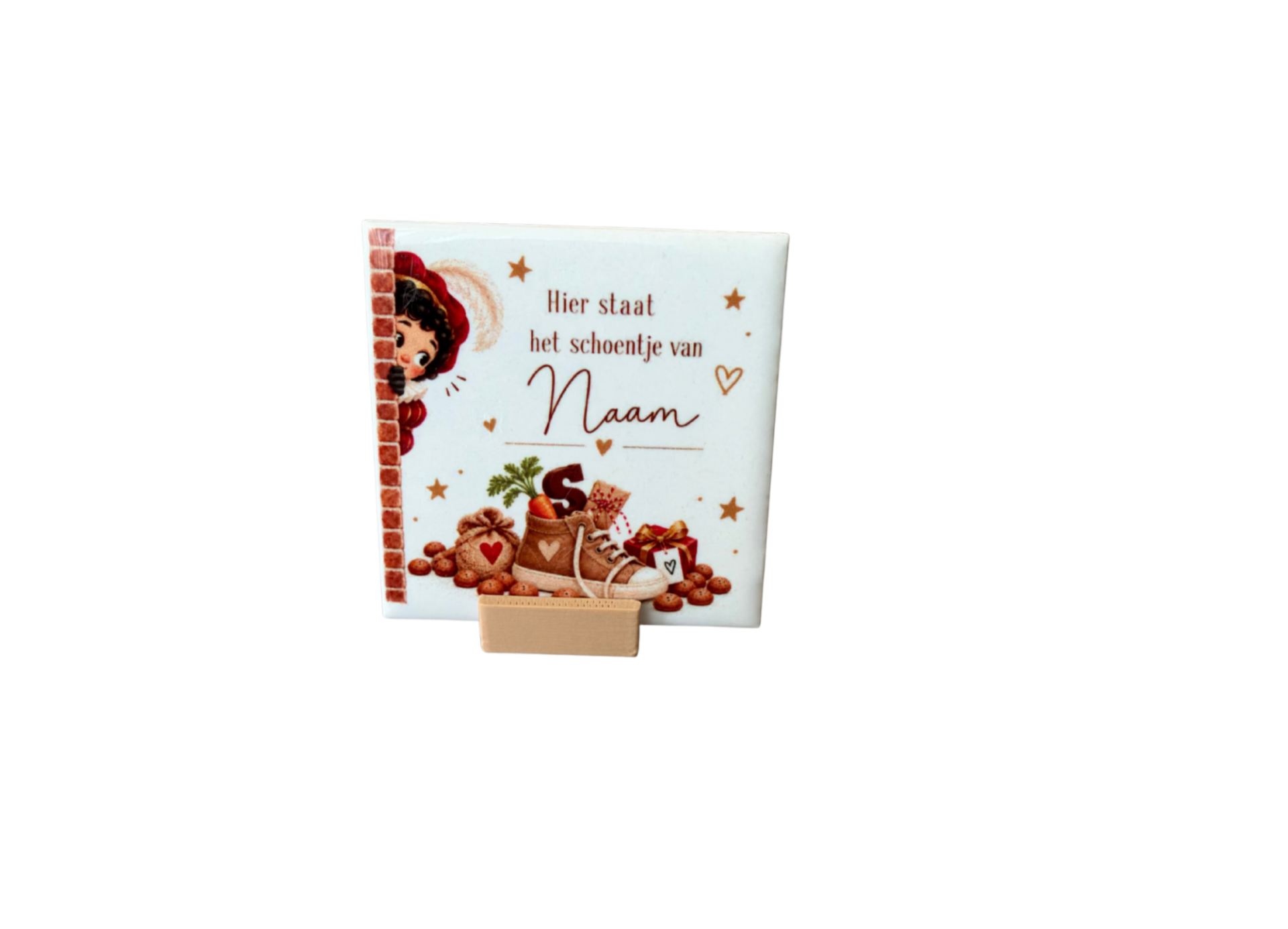 Tegeltje "Hier staat het schoentje van " inclusief tegelhouder!