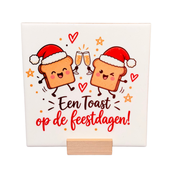 Tegeltje " Een toast op de feestdagen! " inclusief tegelhouder!