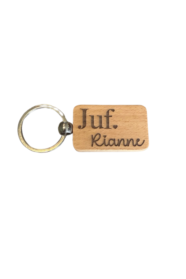 Houten sleutelhanger Juf/Meester