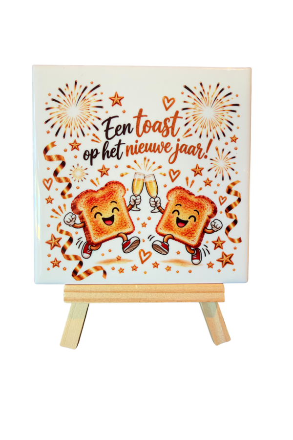 Tegeltje " Een toast op het nieuwe jaar " inclusief tegelhouder!