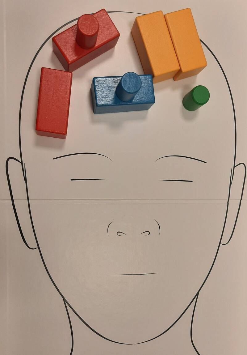 Brainblocks hoofd met verschillende blokken hierin geplaatst op elkaar.
